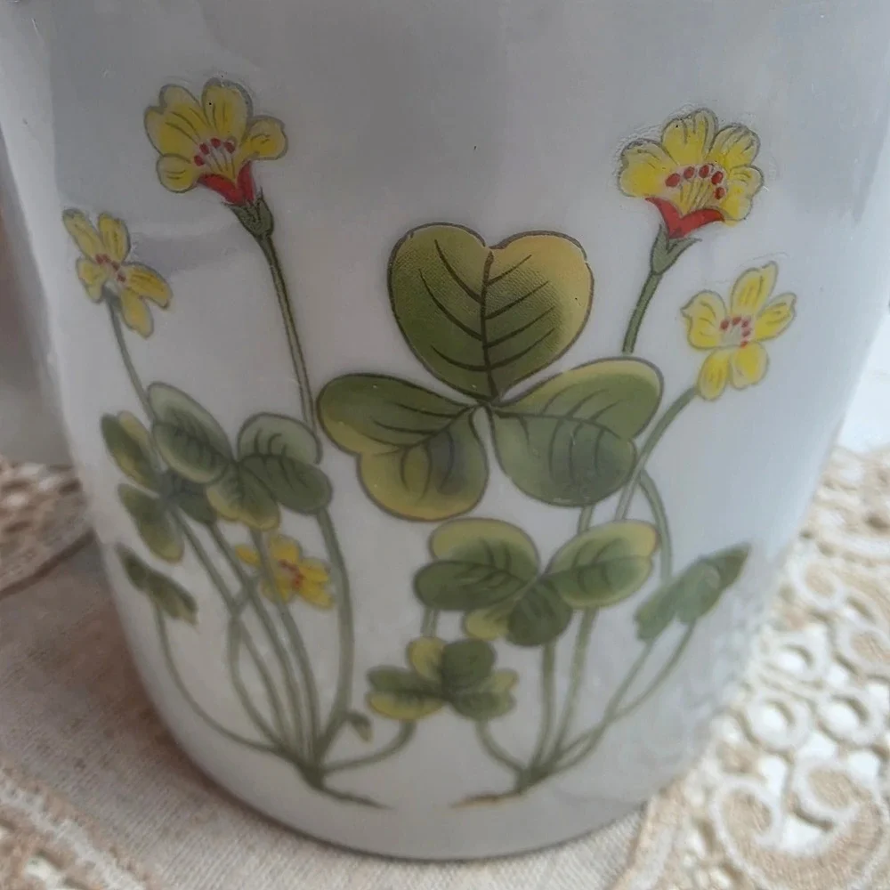 Vintage Ceramic Botanica Teapot Yellow Floral Clover Blue Trim Lid Rattan Handle